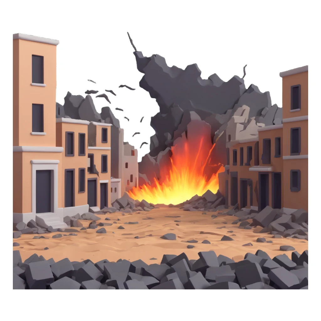 An earthquake shaking the ground, with cracked earth, falling buildings, and people in panic sticker