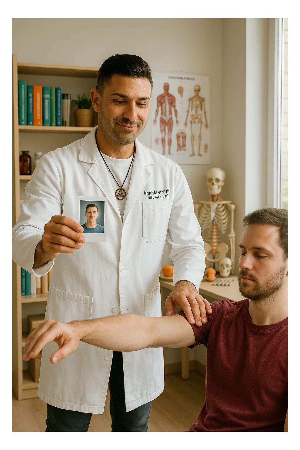 a middle-aged man, dressed in casual professional attire, is in a bright, organized therapy studio. Durante una visita di kinesiologia, il testimone tiene con una mano la foto di una persona lontana (il “testimone”) tiene la foto in mano, mentre con l’altra mano esegue un test muscolare su un cliente presente. Sullo sfondo si vedono libri di kinesiologia, poster anatomici e strumenti tipici della disciplina. L’atmosfera è concentrata e serena, con luce naturale che entra dalla finestra, sottolineando l’aspetto alternativo e umano della pratica. sticker