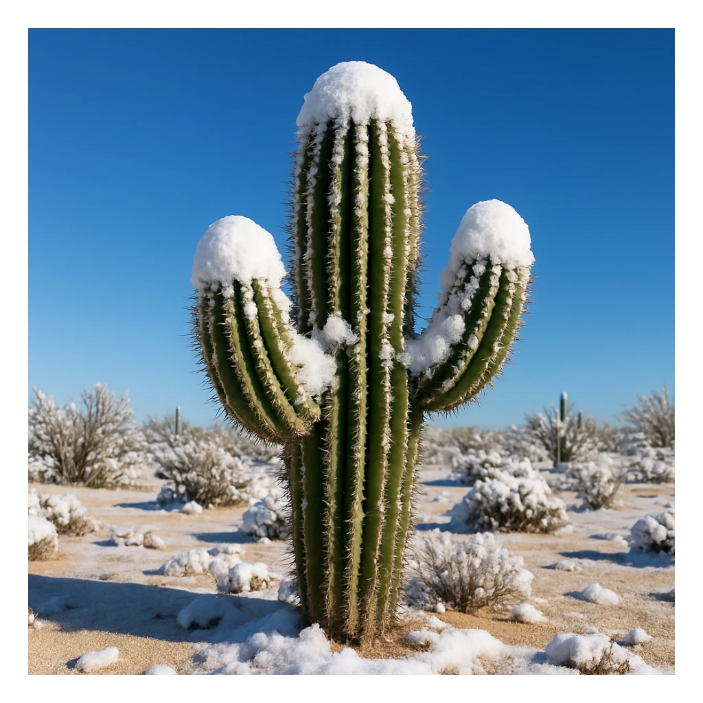 a cactus covered in snow in the desert, blue sky, winter atmosphere sticker