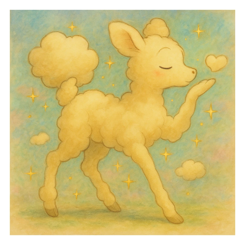 Add a soft pastel background behind the dreamy cream yellow Ghibli-style cloud doe with sparkles, blowing a kiss. sticker