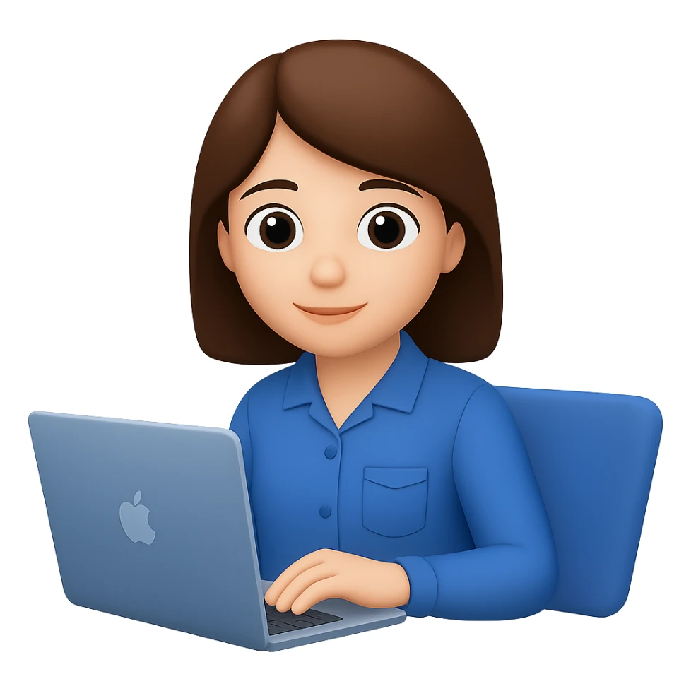 Change hair to brown, right hand forward to the front, keep blue clothes, hand on laptop. The style should resemble emoji style with no background. sticker