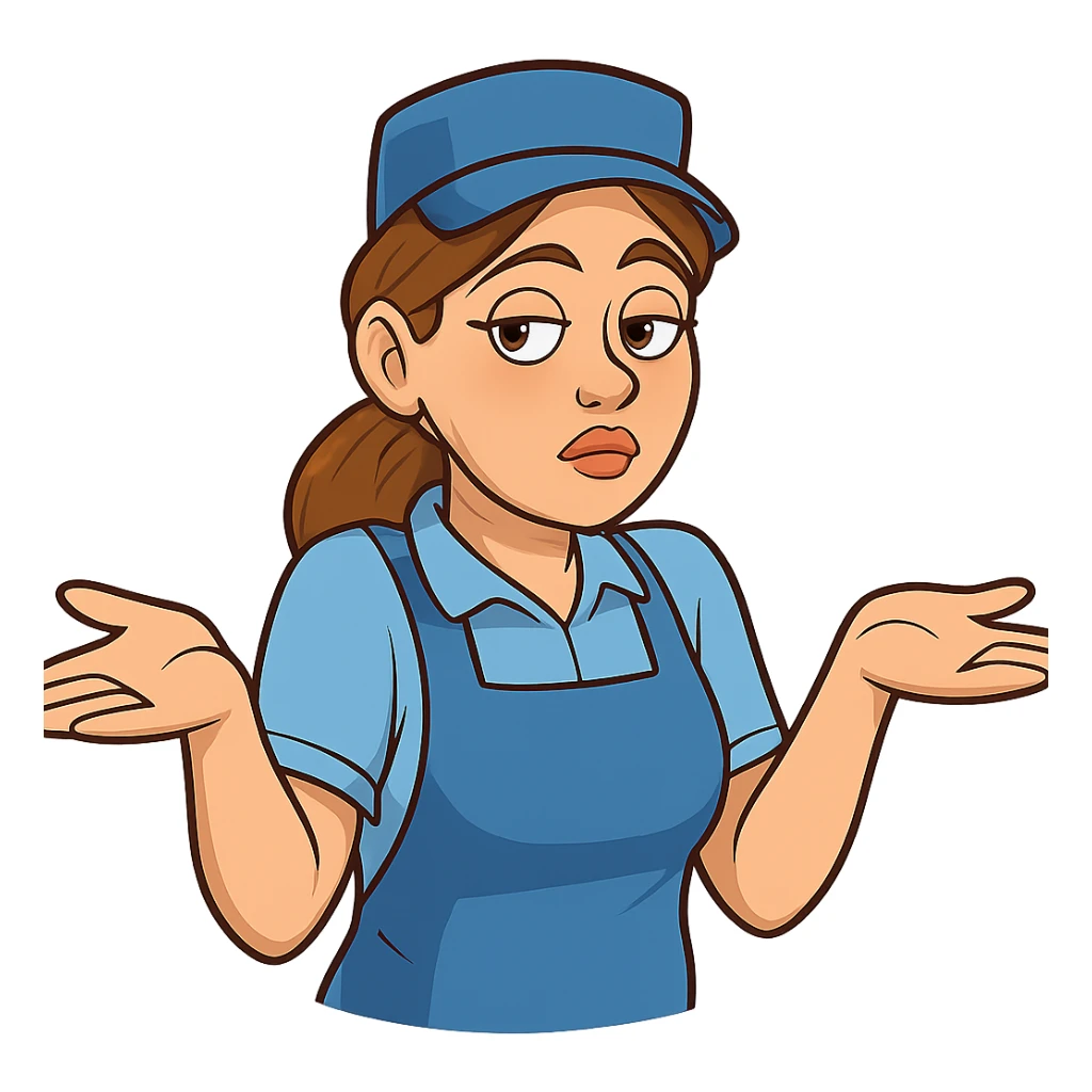 В позе этого мема сгенерируй типичную молодую российскую продавшицу в продуктовом магазине c слегка увеличенным губами, накрашенными глазами, которая недоуменно но при этом хитровато разводит руками, слегка рисованный, но при этом объемный стиль, прозрачный фон sticker