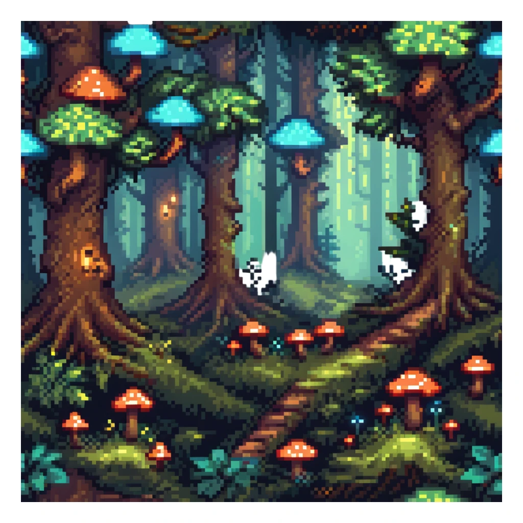 enchanted forest with tiny glowing mushrooms and mysterious trees sticker