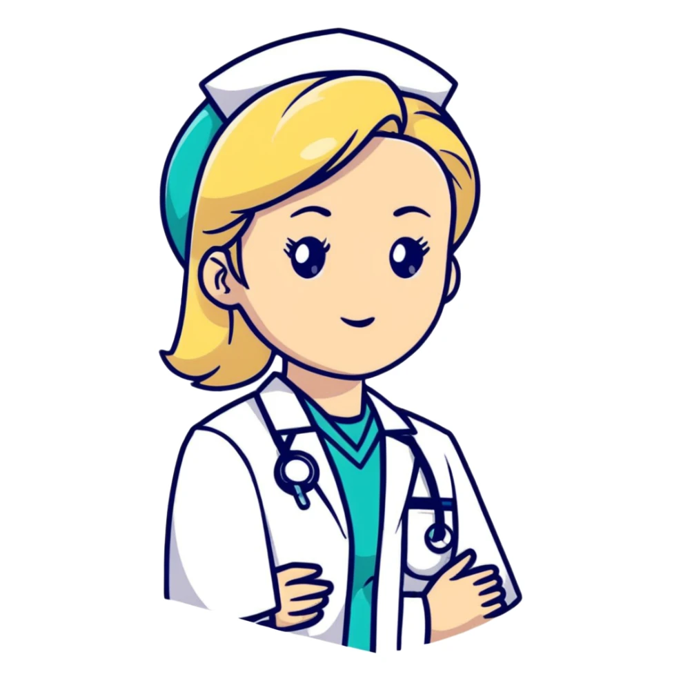 blonde woman kinesiologist in medical uniform with thoughtful face sticker