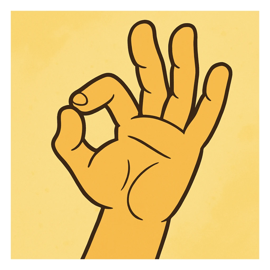 hand making the 'OK' gesture, flat toon style, yellow color sticker