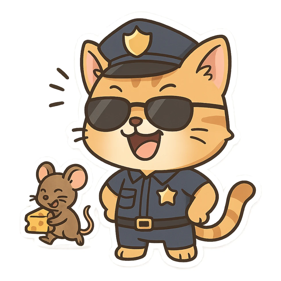 police cat with sunglasses, paws on hips, laughing at mischievous mouse stealing cheese in background, amused not angry sticker