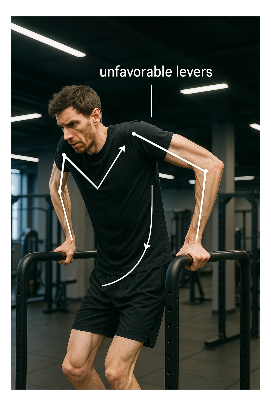 a tall, lean man with very long arms and a short torso attempts a dip on parallel bars. His elbows are deeply bent and his body appears awkwardly positioned, highlighting the mechanical disadvantage. An overlay shows anatomical lines and angles, with labels explaining “unfavorable levers.” The background is a modern gym, with a focus on biomechanics. sticker