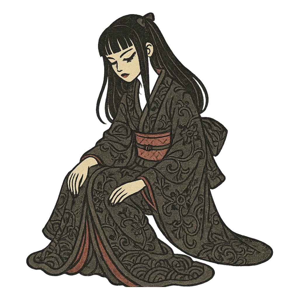 gothic girl, traditional Japanese print, gothic kimono, elegant pose, ukiyo-e style sticker
