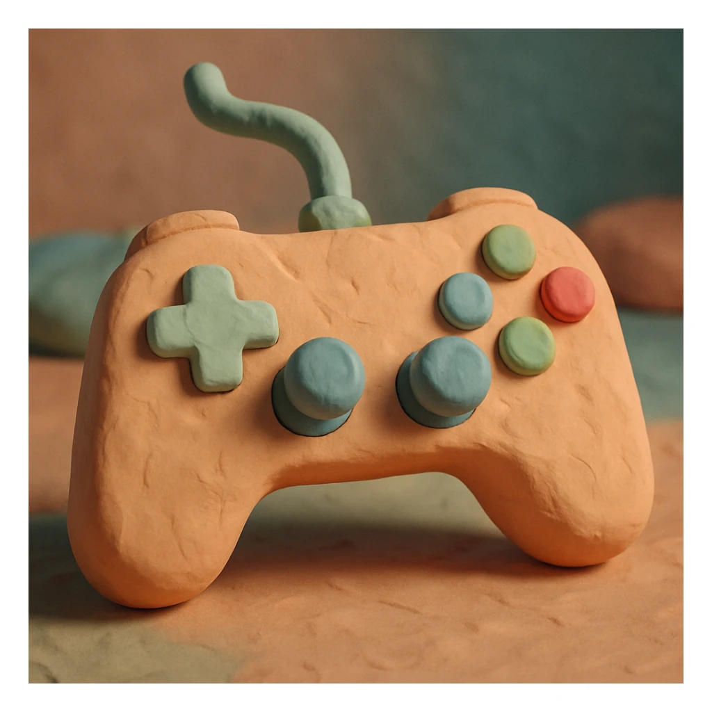 game controller, claymation animated icon style, soft pastel colors, visible fingerprints, playful look sticker