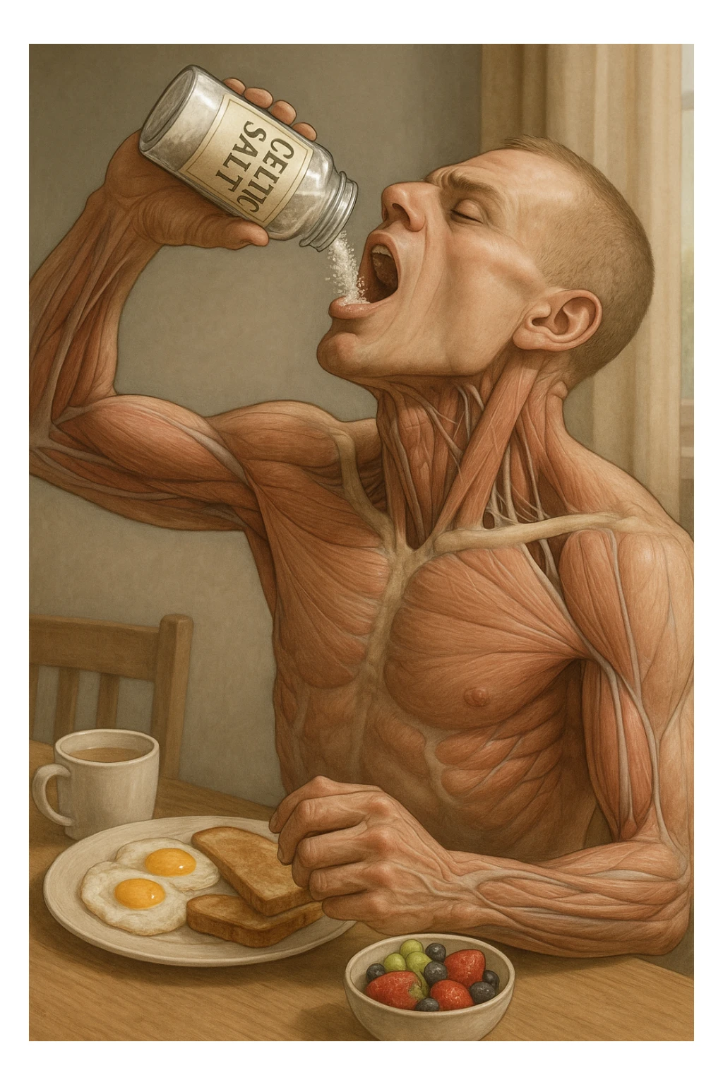 realistic medical illustration showing a human figure holding a jar labeled 'CELTIC SALT', pouring salt into his mouth with breakfast foods visible, detailed and accurate sticker