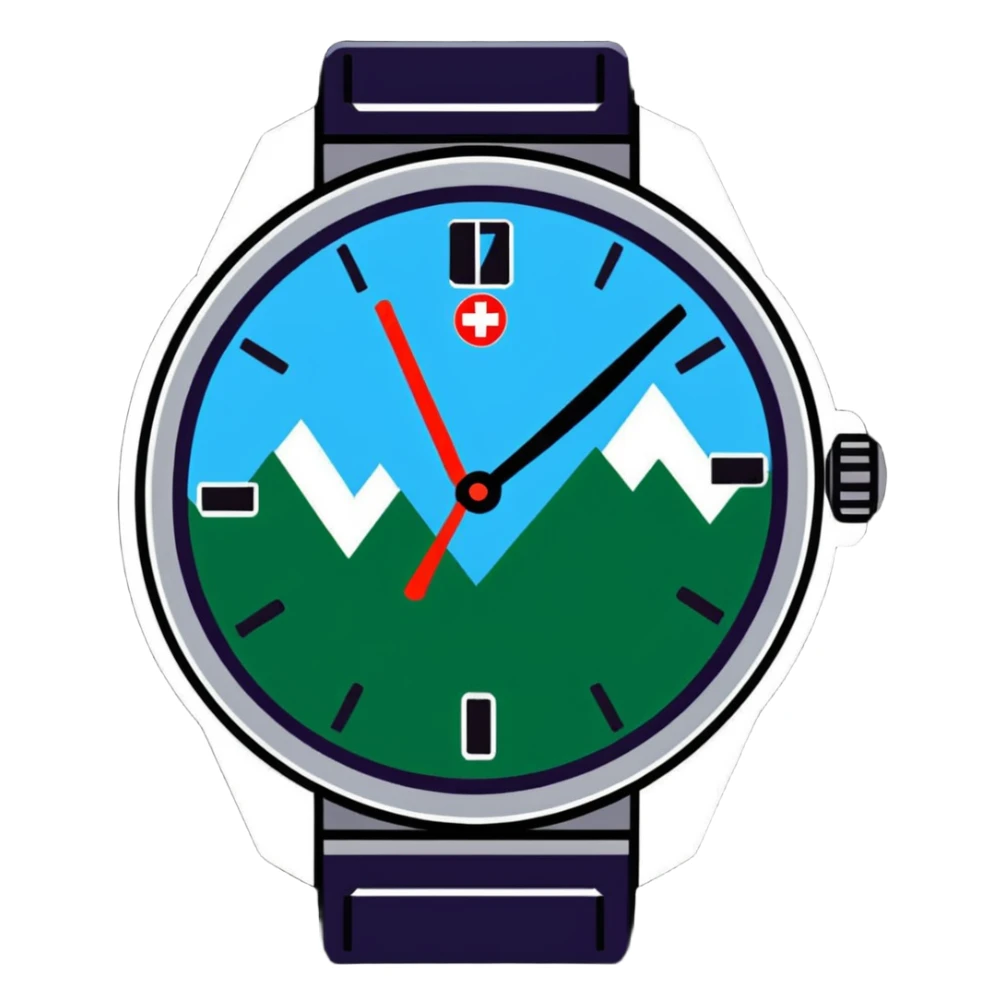 Swiss wealth manager with Alps background, Swiss watch, and financial charts sticker