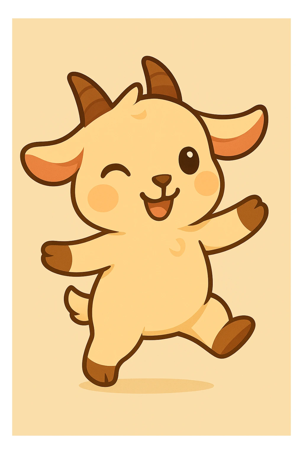 Chibi goat, winking and dancing, right leg up, left arm up, joyful expression, animation frame 2, same style and background as reference. sticker