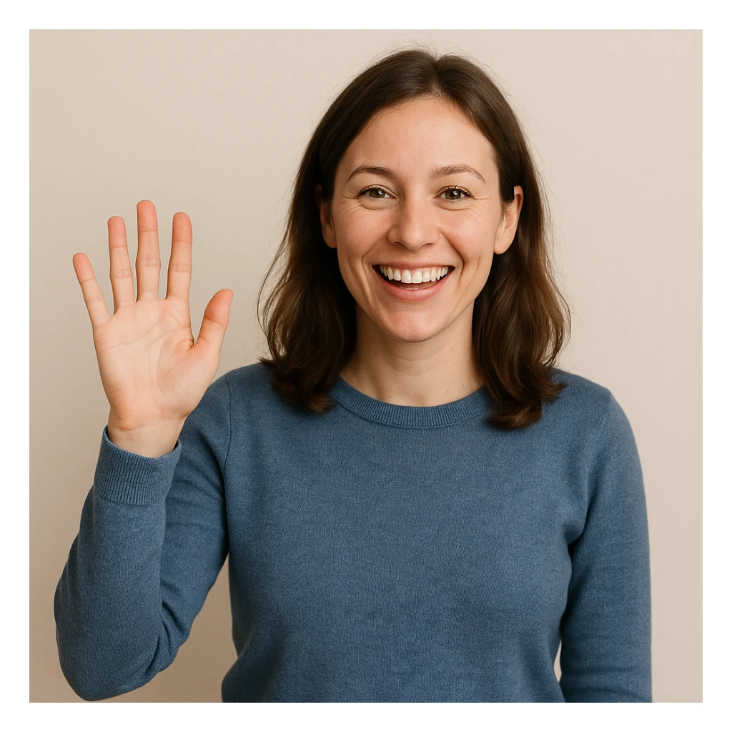 woman waving hello, open hand, smiling, simple background sticker