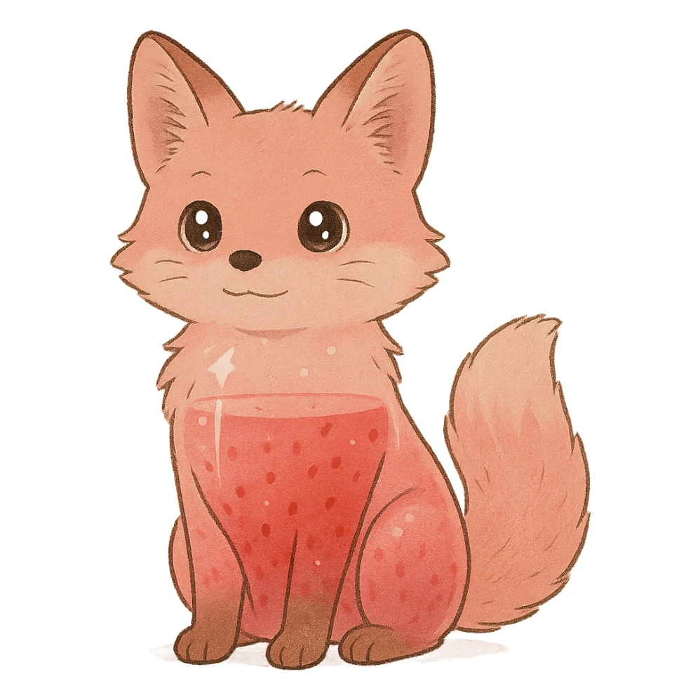 soft fluffy fox with a transparent body showing a strawberry smoothie inside, sparkling eyes, pastel pink, full-body sticker