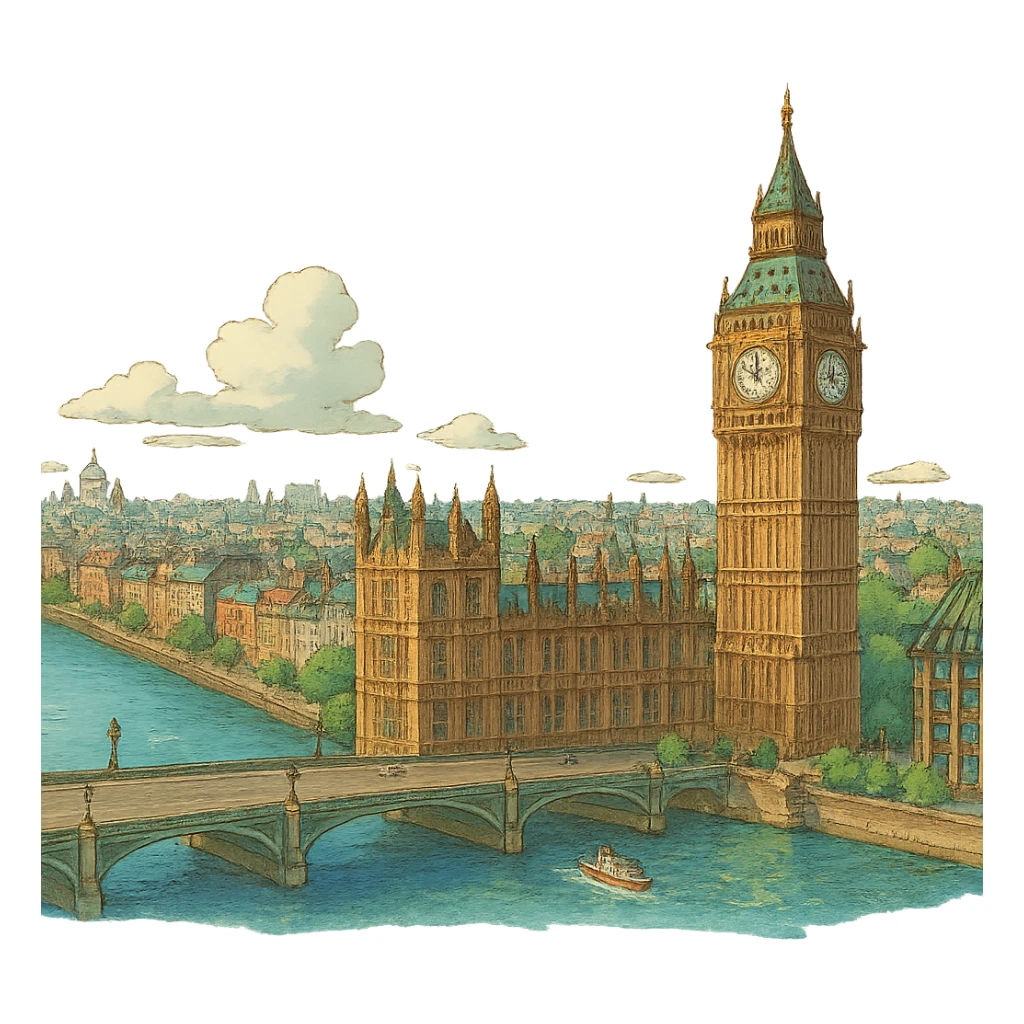 ghibli style London cityscape with Big Ben and Thames river sticker