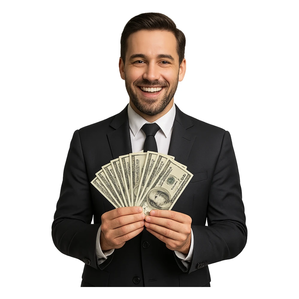business man with money in his hands sticker