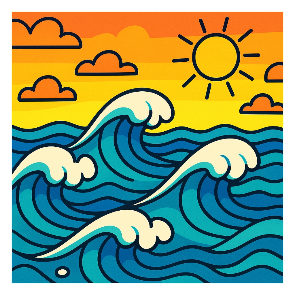 stylized sea with waves, vibrant cartoon style sticker