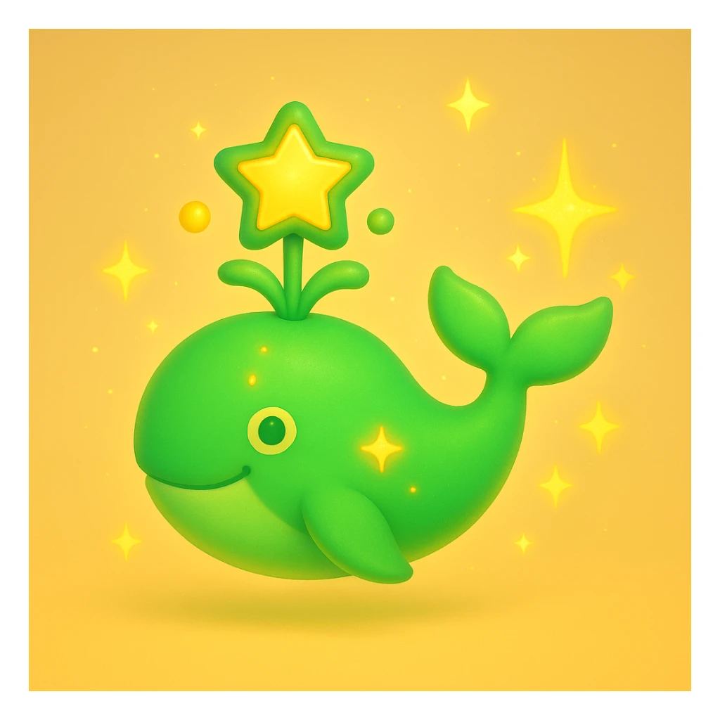 3D style magic whale with sparkles, green and yellow colors sticker