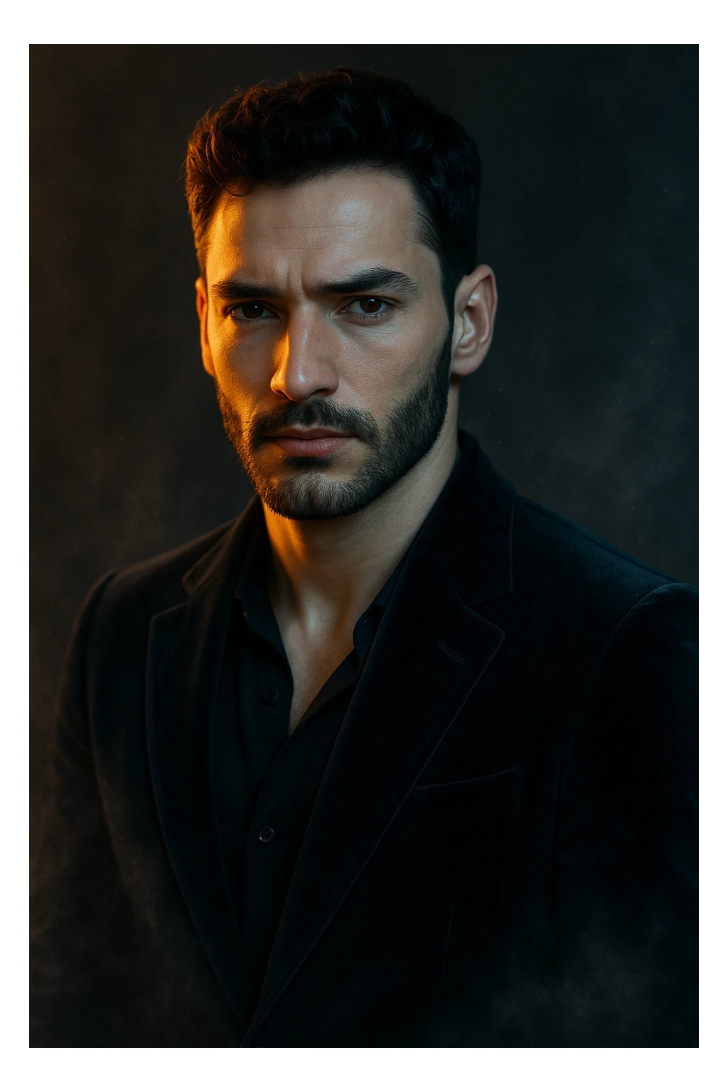 Usa questa immagine come riferimento per creare un ritratto iperrealistico e ravvicinato di un carismatico nodello maschile, ambientato in un contesto editoriale suggestivo. I volto è illuminato da fasci di luce ambrata e blU ghiaccio che contrastano tra loro, esaltando la simmetria marcata della mascella, la sottile barba incolta e uno sguardo penetrante e sicuro. I| modello indossa una giacca sartoriale scura in morbido velluto, leggermente sbottonata sul colletto. Lo sfondo sfuma in un profondo gradiente antracite con una delicata foschia cinematografica e sottili bagliori di luce. Un lieve velo di nebbia avvolge la sua silhouette, accentuando un'atmosfera sofisticata e misteriosa. L'effetto complessivo evoca un'eleganza di alta moda con un tocco moderno e malinconico, ideale per una campagna pubblicitaria di lusso o per la copertina di una prestigiosa rivista. sticker