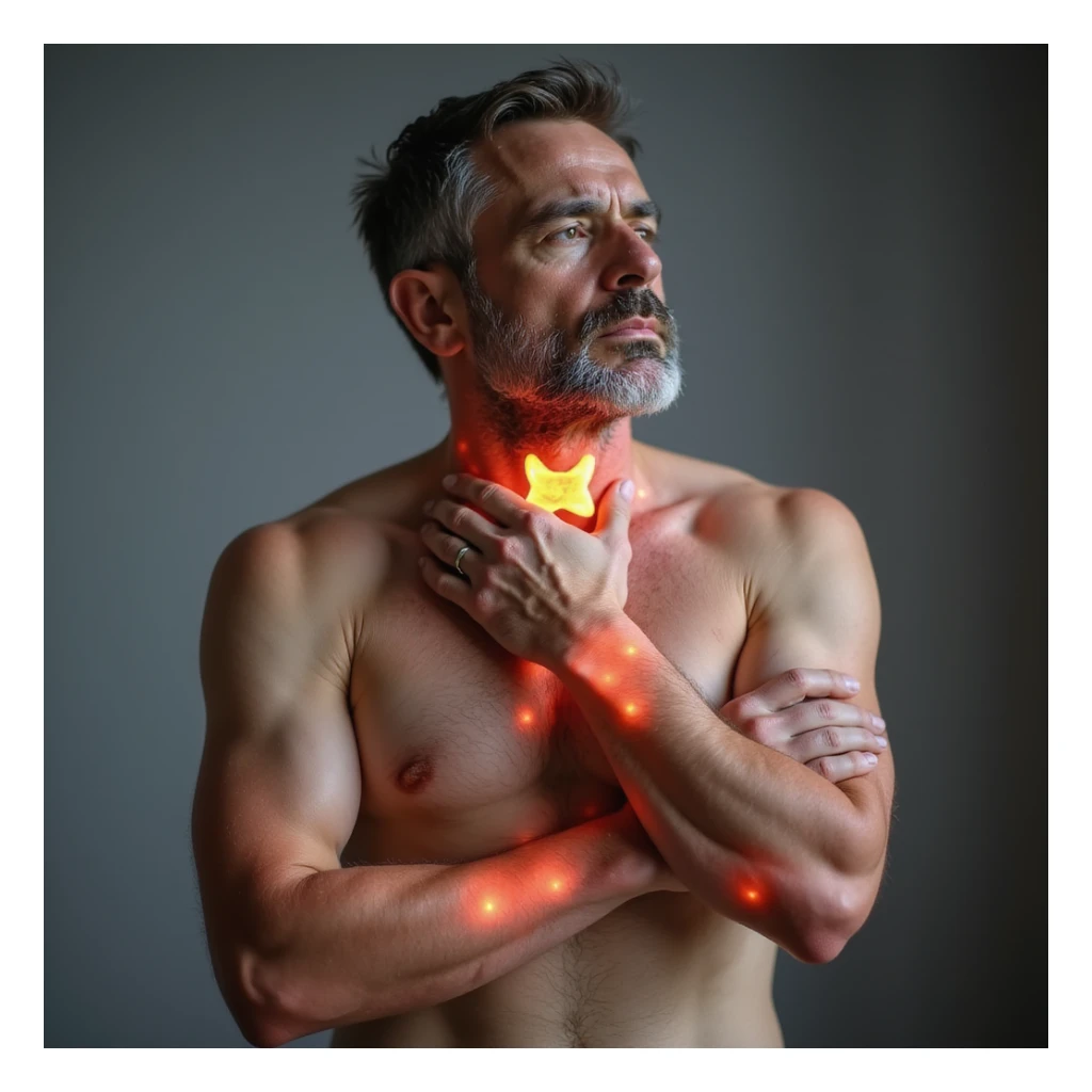 man with tired expression, body symbolically showing autoimmune diseases: highlighted thyroid, swollen joints, red skin, discomfort atmosphere, realistic details, neutral background, 4K quality sticker