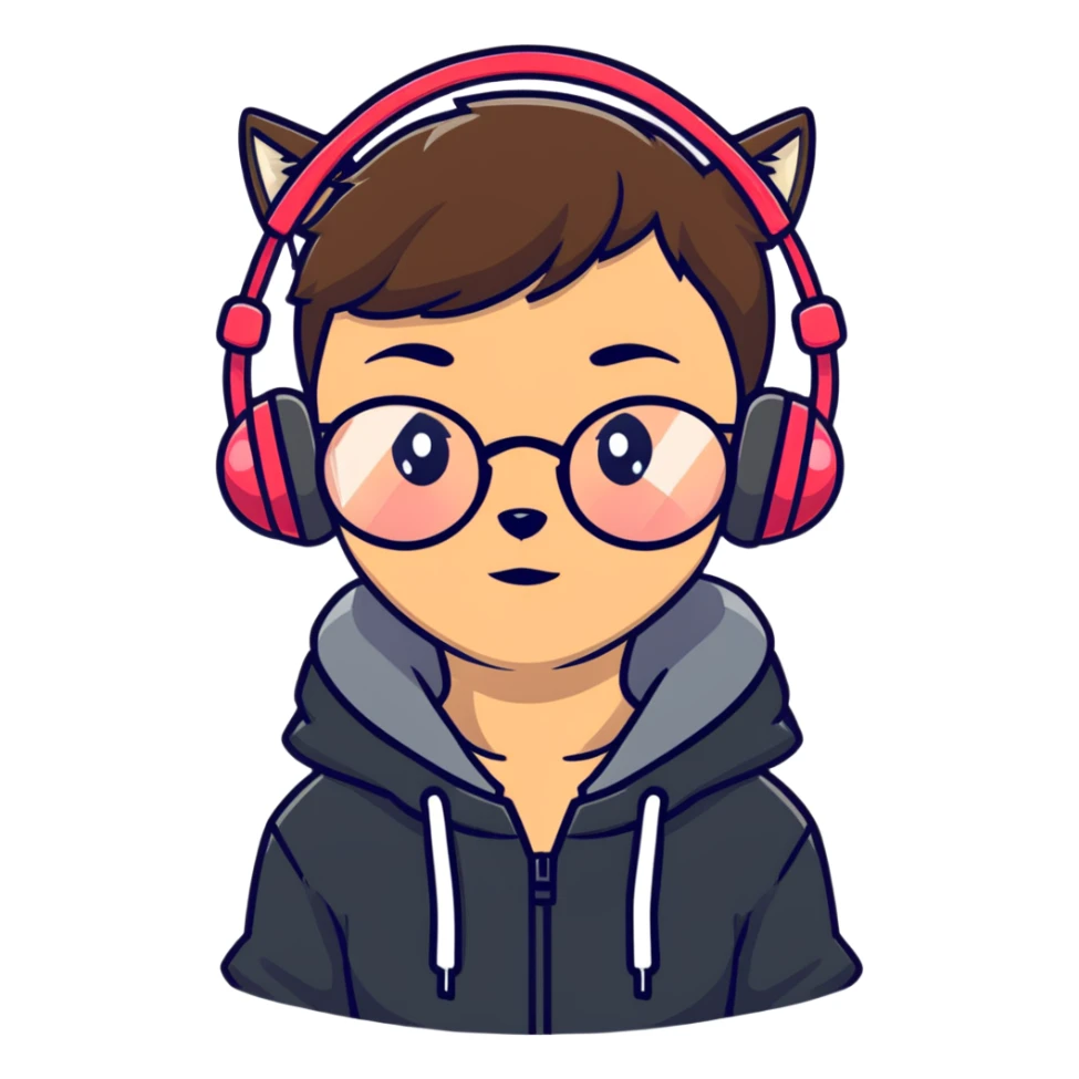 tan brunette girl with a short wolf haircut, round ruby glasses, black headphones, and a black hoodie sticker