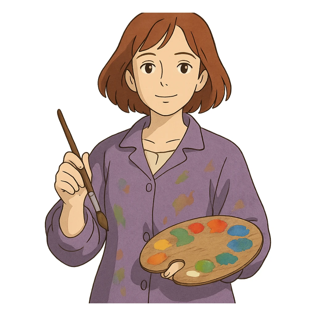 Serene female oil painter, Caucasian features, shoulder-length auburn hair, soft brown eyes, gentle smile, wearing a violet painter’s smock lightly stained with paint over a beige blouse, holding a wooden palette with vibrant colors in one hand and a brush in the other, waist-up, front-facing sticker