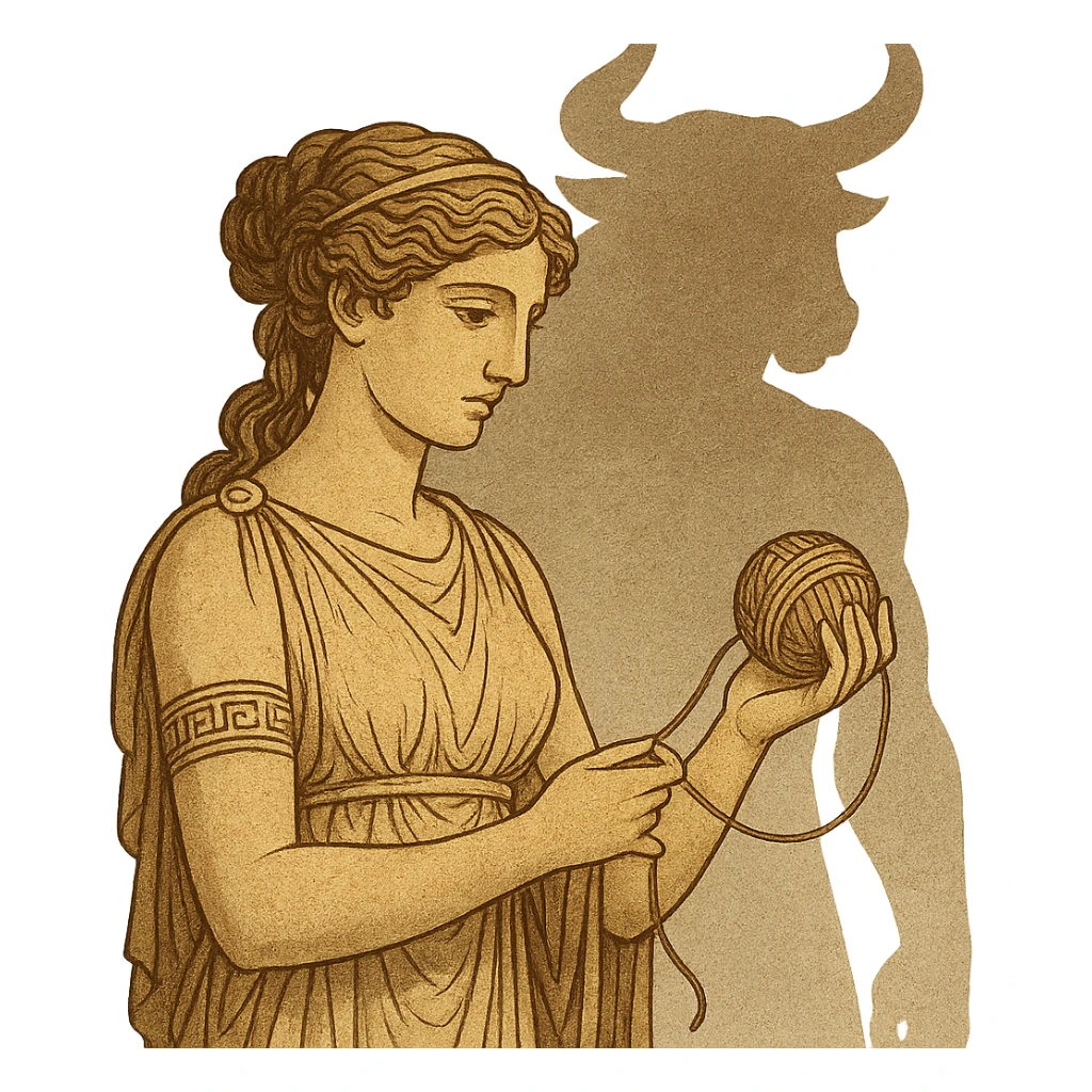 Ariadne, Greek princess, holding thread, with a subtle Minotaur silhouette behind her, ancient myth style sticker