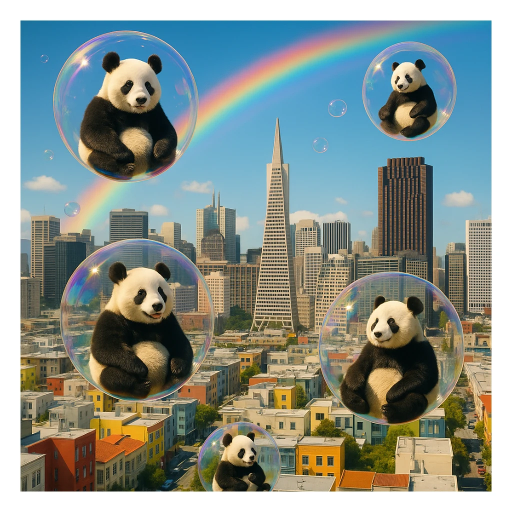 Cinematic still pandas bears sitting inside bubbles flying around San Francisco downtown, sunny summer day, happy vibe, colorfull surround, rainbow sticker