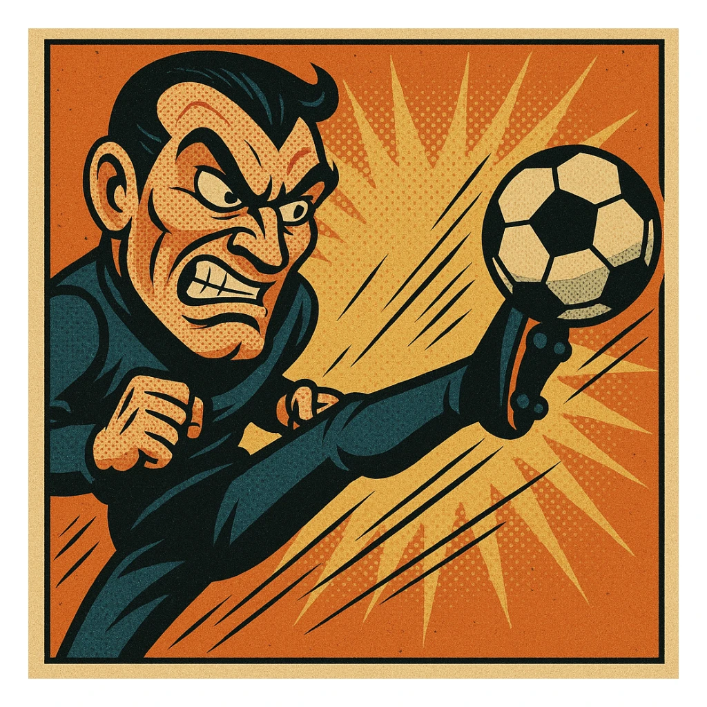 fierce villainous face with a sneer, mid-air high kick to a soccer ball, comic book style sticker