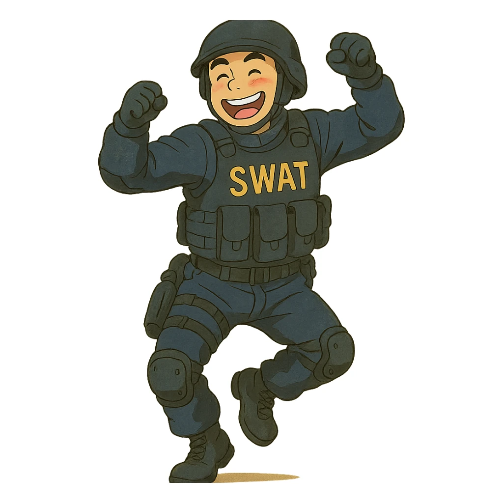 ghibli style SWAT member in tactical gear, dancing with a big smile sticker