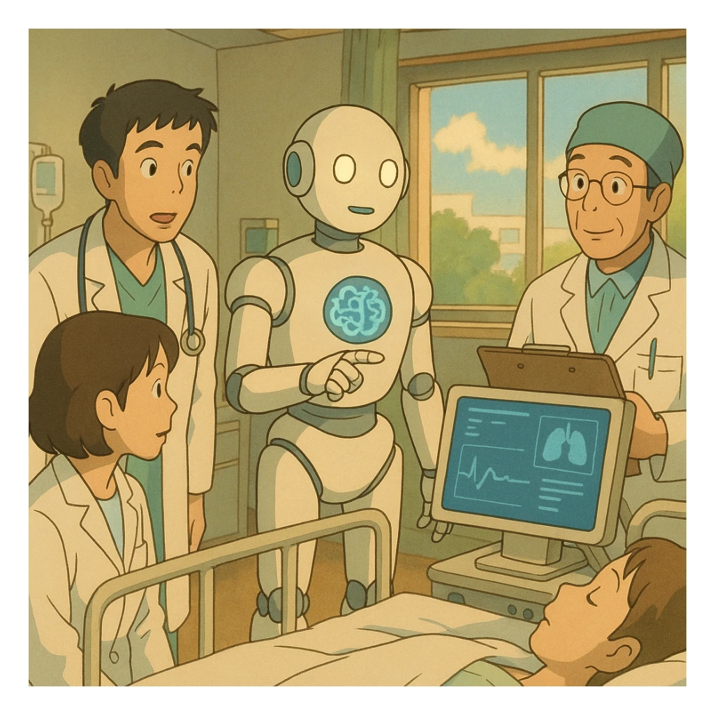 ghibli style scene of AI helping doctors in a hospital sticker