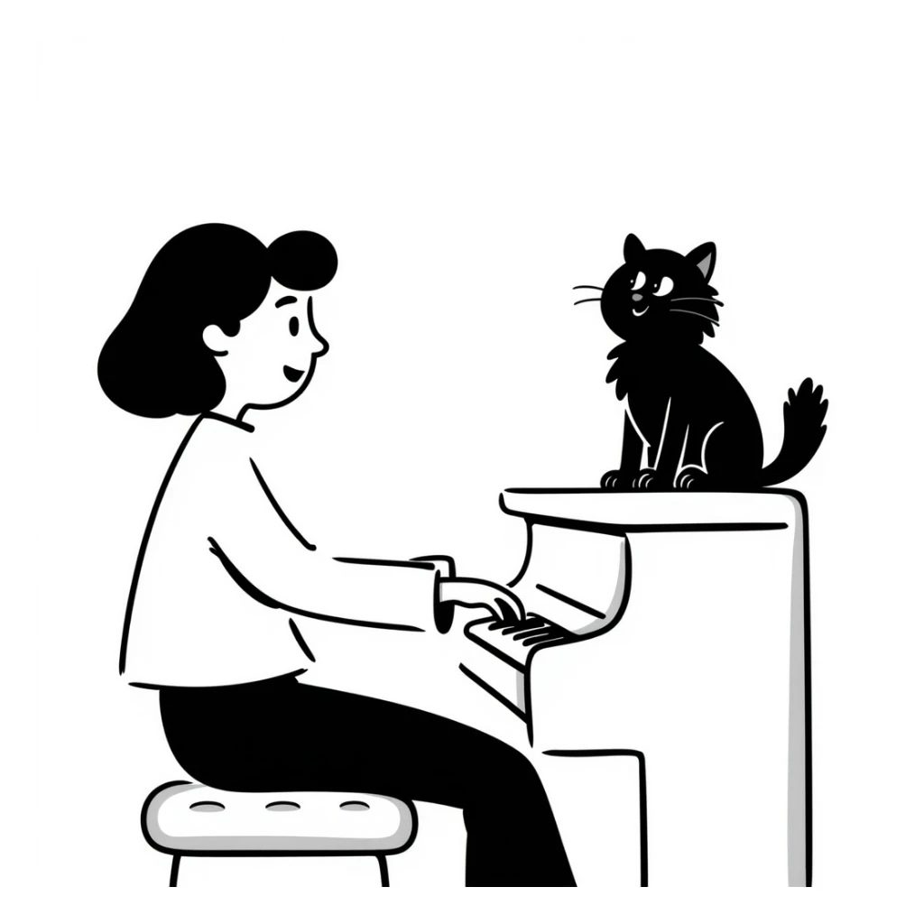 woman playing piano while her cat sits on top of the piano sticker