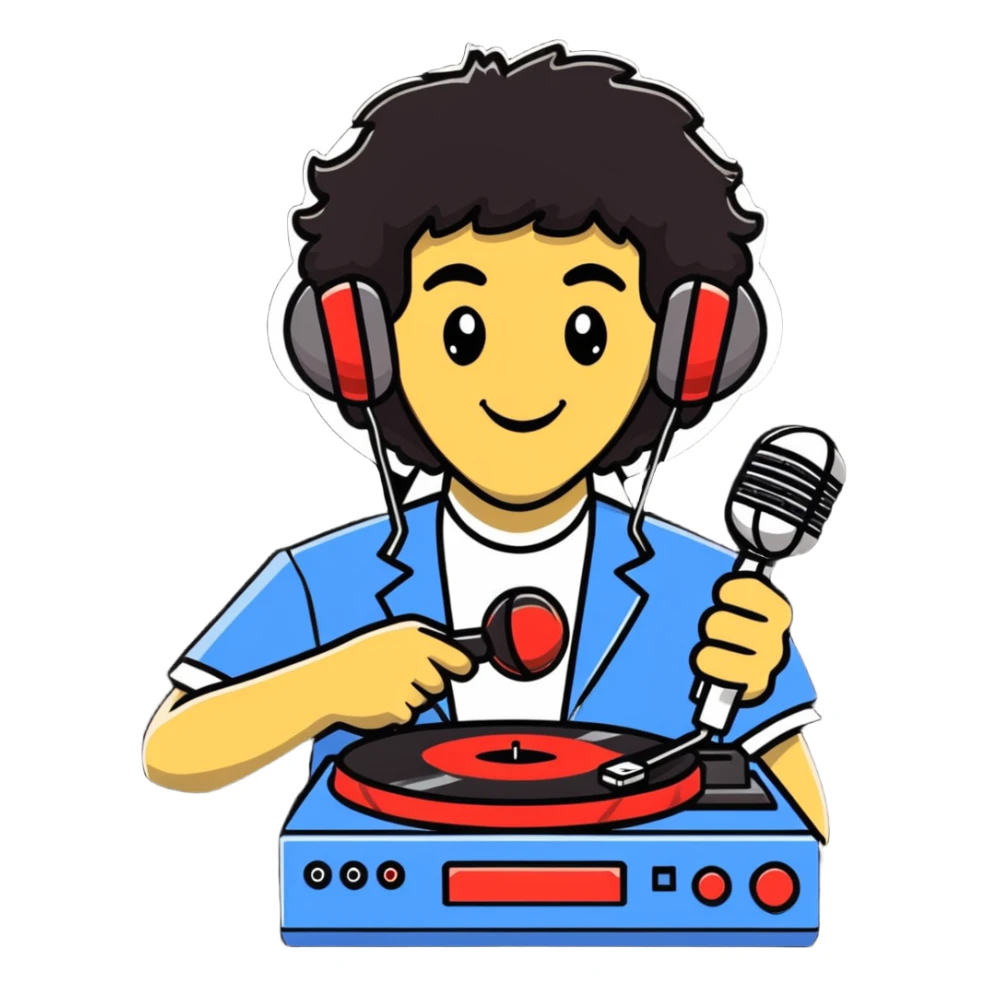 Nardwuar holding vinyl records and his signature microphone sticker