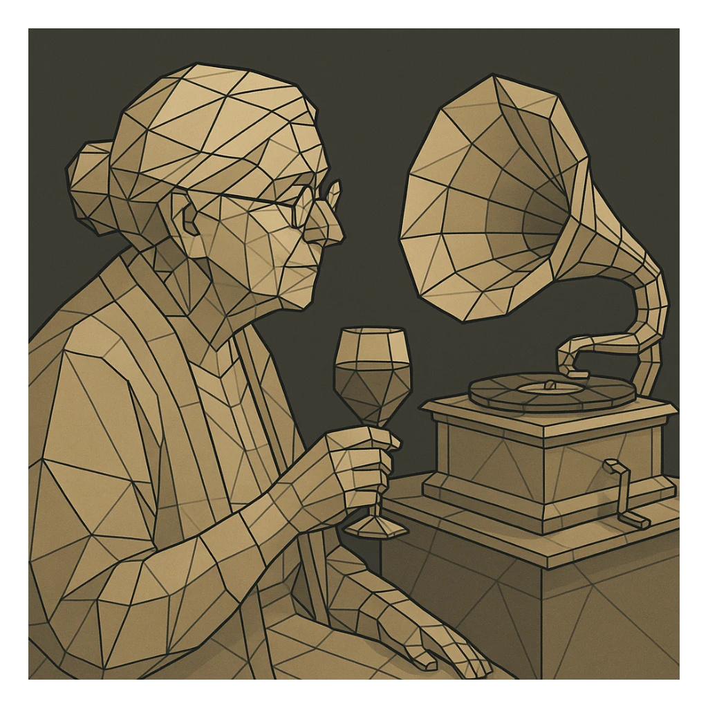 old lady with wineglass listening to gramophone sticker