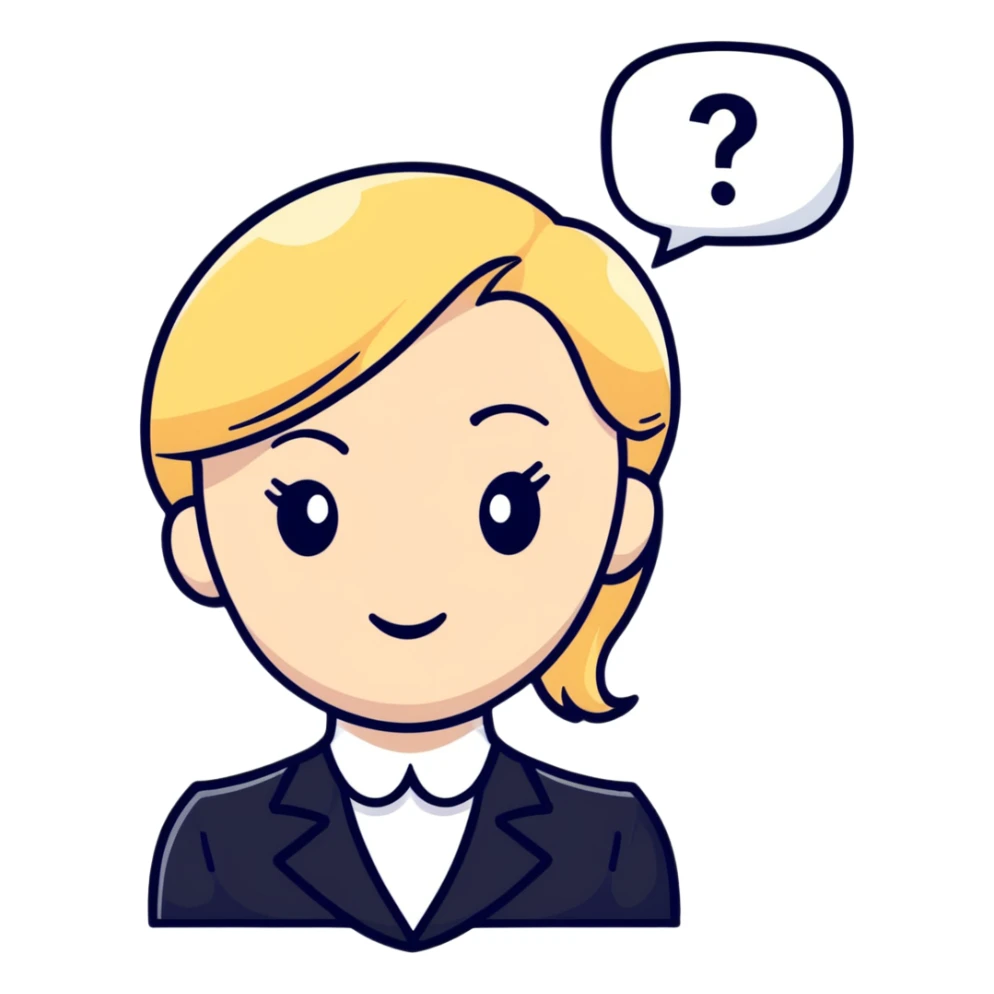 blonde haired white woman in a black formal suit with a white speech bubble containing a black question mark next to her head sticker