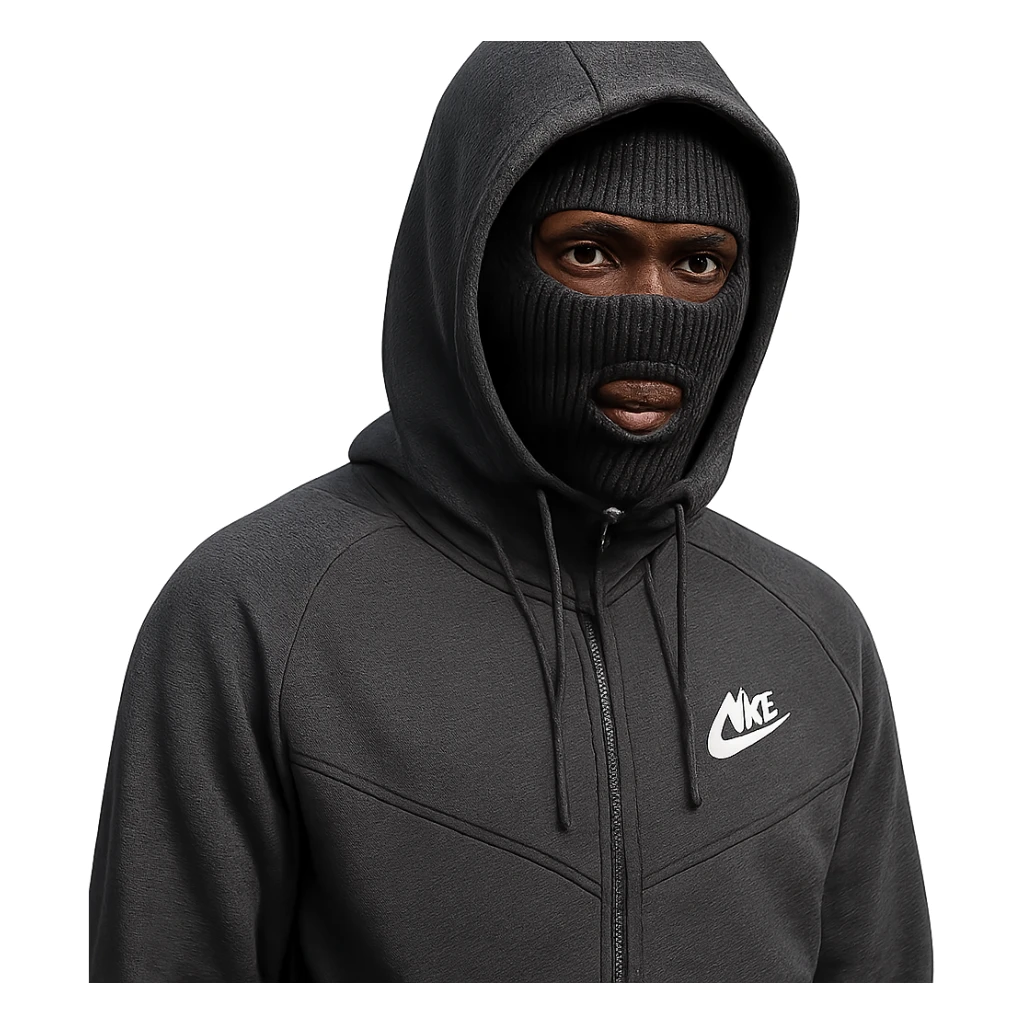 a Black individual wearing a ski mask or balaclava, dressed in a Nike tech tracksuit with the hood up, detailed, realistic sticker