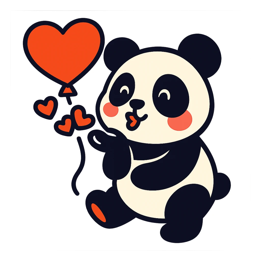 panda with heart-shaped balloon blowing kisses, vibrant-toon style sticker