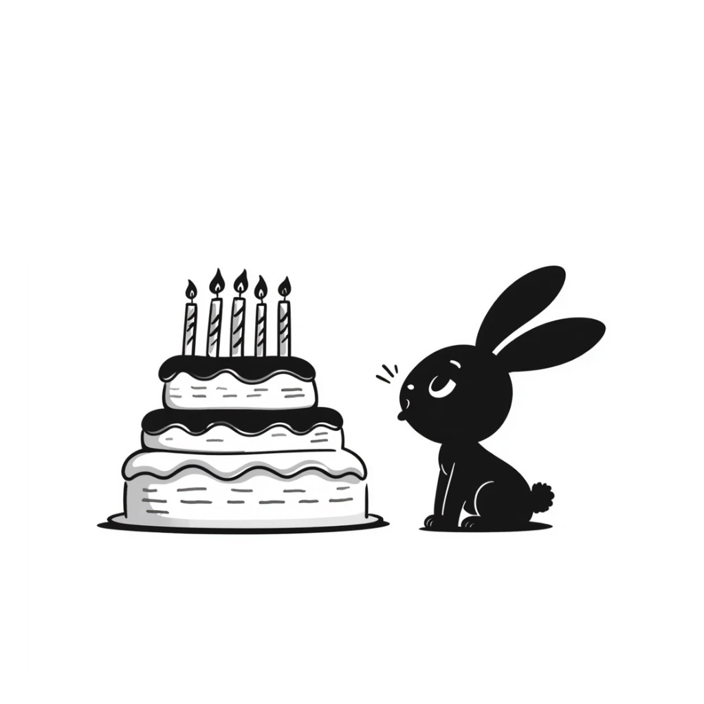 a rabbit blowing out the candles on a birthday cake, hand drawn doodle style, cute and playful sticker