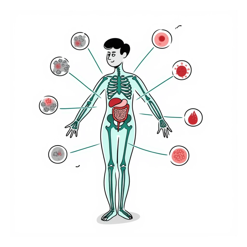Anti-inflammatory process medical diagram: transparent human body with glowing joints and organs, blue-green healing energy waves neutralizing red inflammation spots, clinical aesthetic with soft lighting and futuristic background sticker