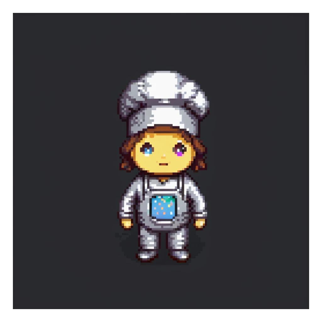 Portrait of a baker wearing a metallic baking suit with built-in tools, chrome textures and LED accents, skeuomorphism style sticker