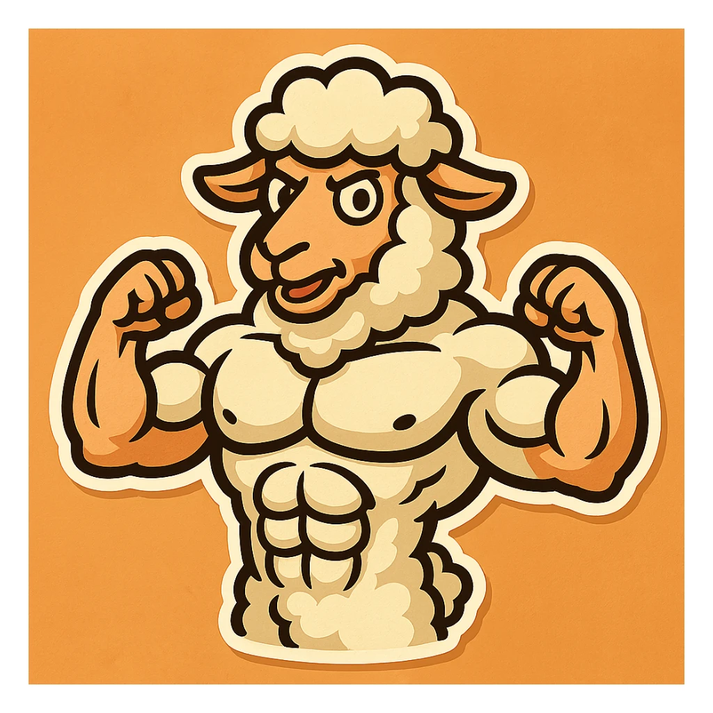 Create a buff sheep with visible 6 pack abs in a cartoonish sticker style. The style should resemble cartoonish stickers with bold outlines and vibrant colors. sticker