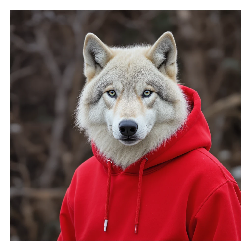white wolf dressed in a red hoodie, photorealistic fur texture, modern illustration sticker