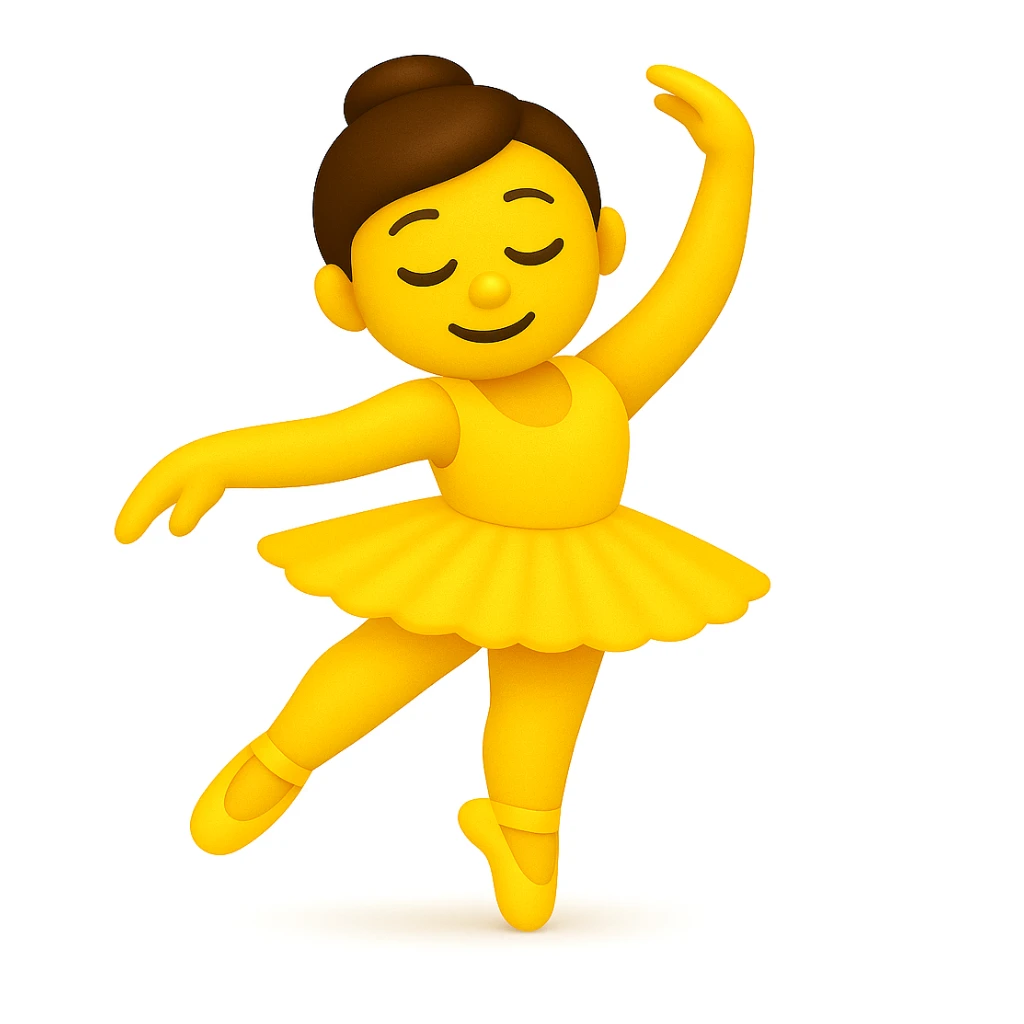 Keep the image just like the reference but make the skin color classic yellow emoji skin in iOS emoji style. Same pose, yellow tutu, elegant, smooth, and shiny. Add a soft shadow under the feet. The style should resemble classic yellow iOS emoji skin tone and texture. sticker