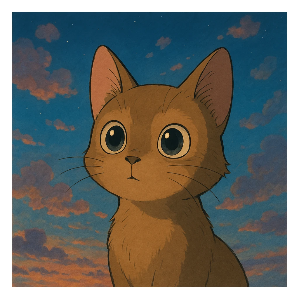 a curious cat with big eyes and a dreamy background in Ghibli style sticker