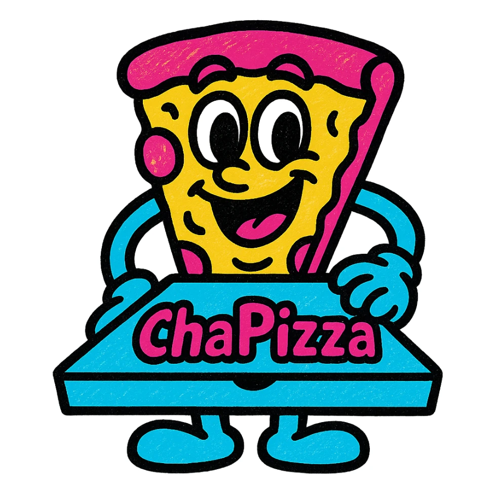 pizza mascot with expressive eyes, holding a pizza box labeled 'ChaPizza', bold modern illustration style sticker