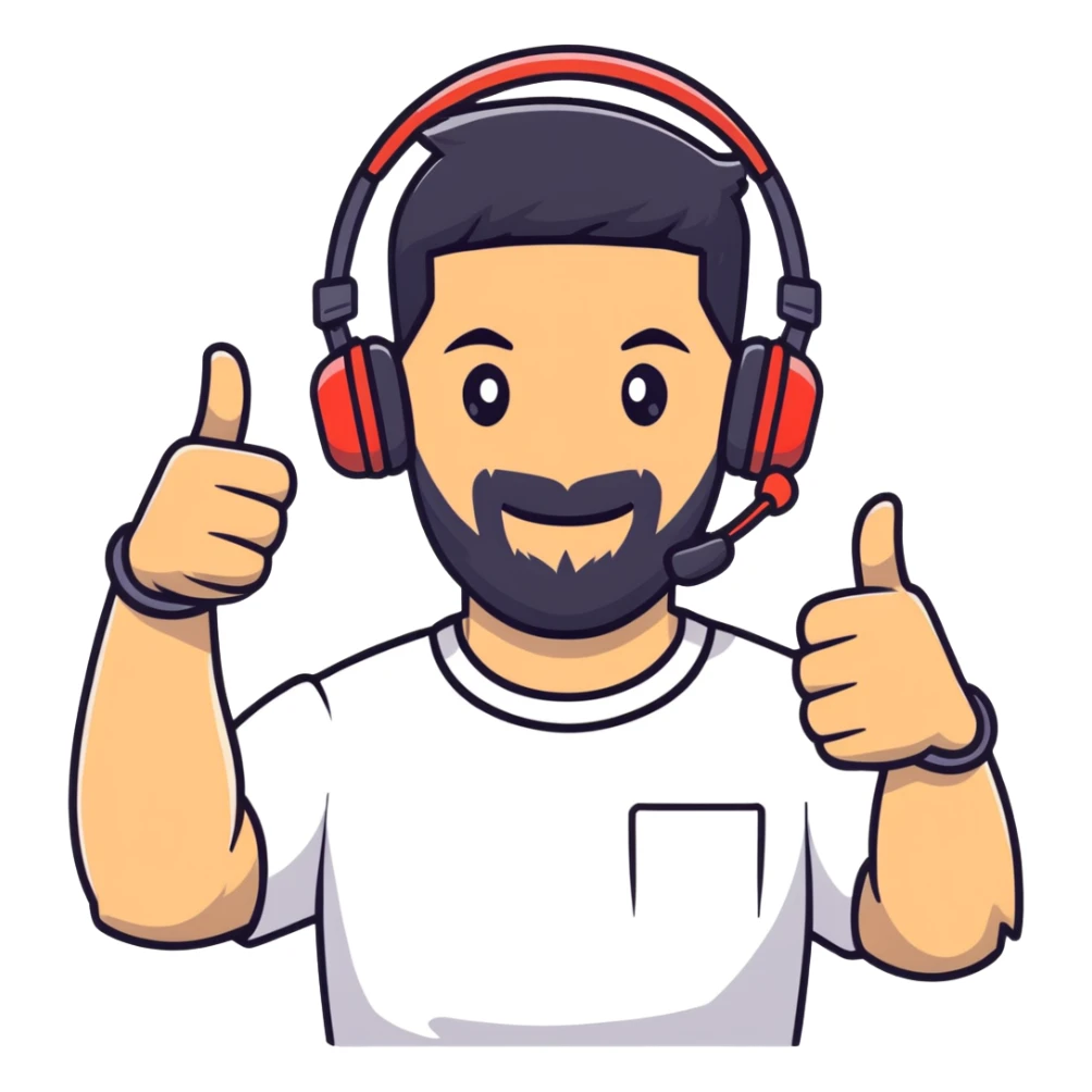 Man with black hair, brown eyes, and black beard wearing gaming headset giving a thumbs up gesture sticker