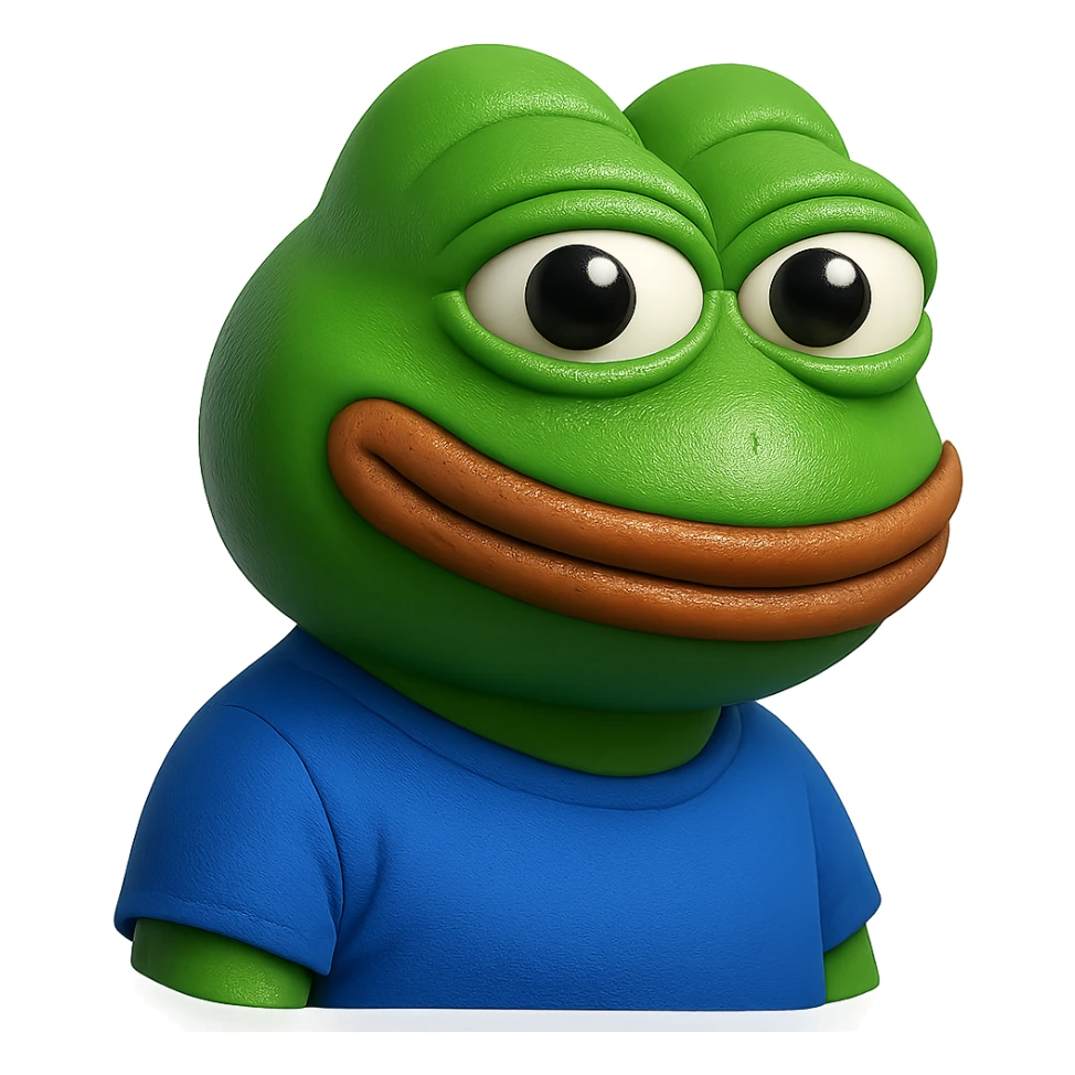 pepe in
- 3d style
- bright green
- blue shirt
- smiling
- looking straight at the camera
- good highlights and shadows
- 30deg angled towards the right
- 20% inset padding
- nice rounded cut off at the bottom sticker