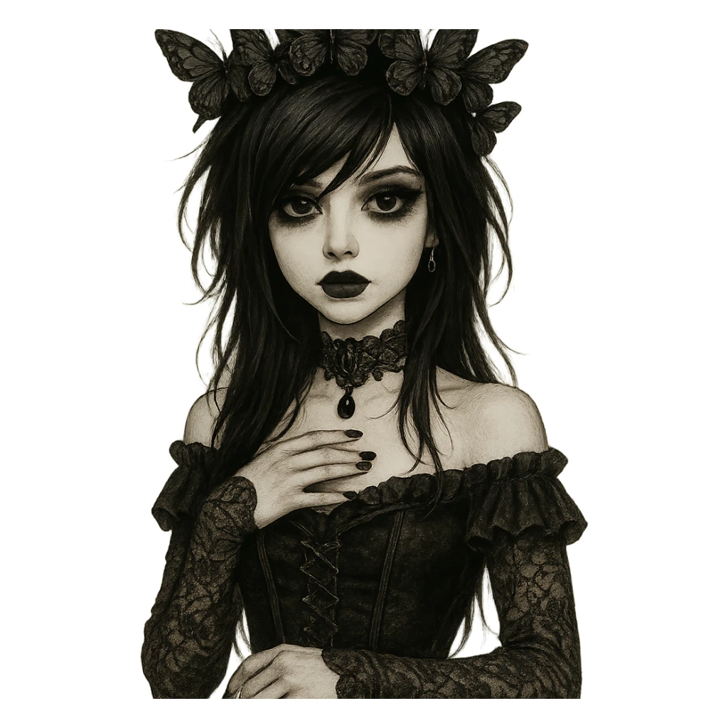 emo girl with butterfly crown, gothic style, mysterious and elegant sticker