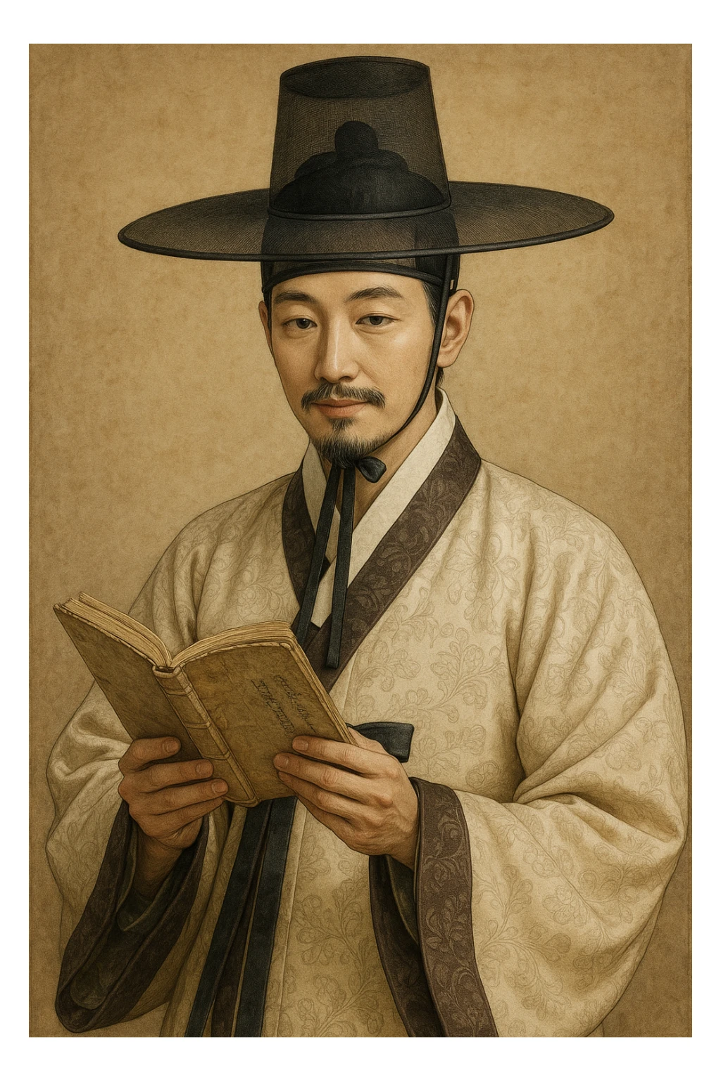 Korean Joseon Dynasty scholar wearing a gat hat, holding a book, intellectual and gentle expression, traditional hanbok sticker