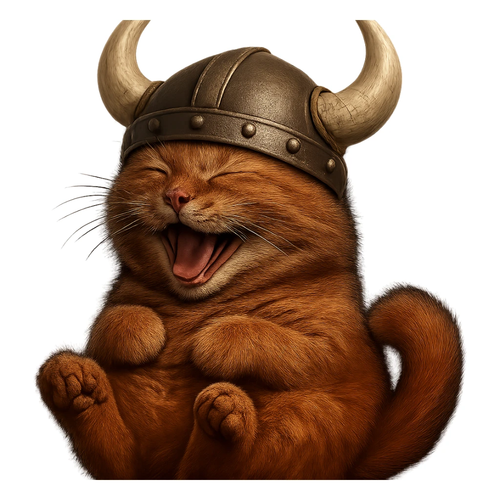 Make this laughing red viking cat more realistic with detailed fur and natural cat features. The cat should have a realistic horned helmet, remain red, and be laughing. Remove the background. sticker